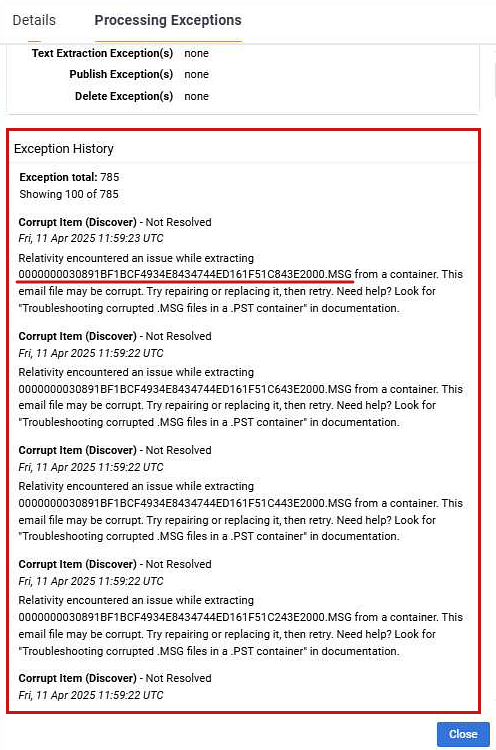 The processing history tab that displays a list of files in error.
