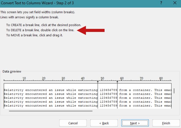 The convert text to column wizard showing break lines for each column.