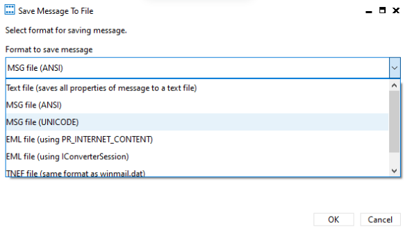 The save message to file screen with the msg file format selected.