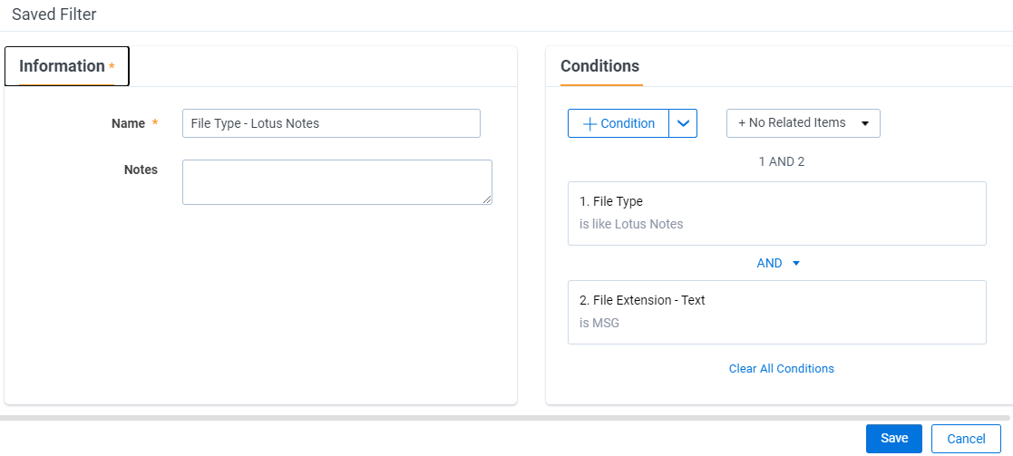 Saved Filter modal showing the new field and conditions.