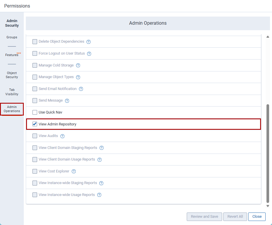 Admin security window for View admin repository permission