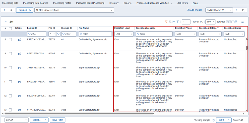 Exception fieldson the All Files with Exceptions view