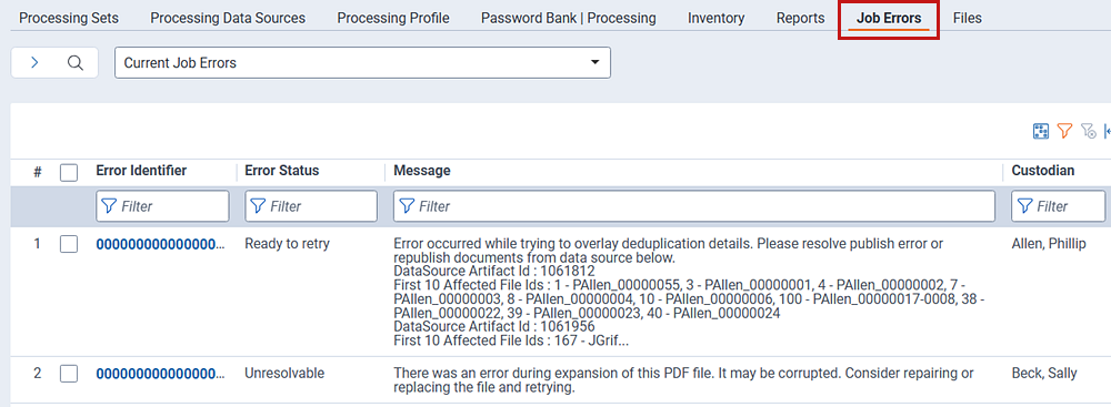 job errors view