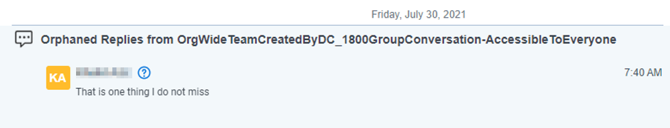 A message appearing at the top of a RSMF message indicating the message is orphaned from its parent.