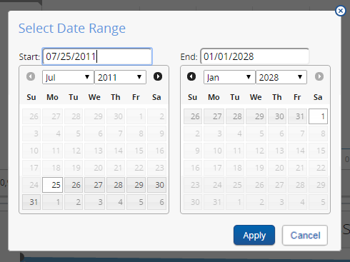Select date range popup