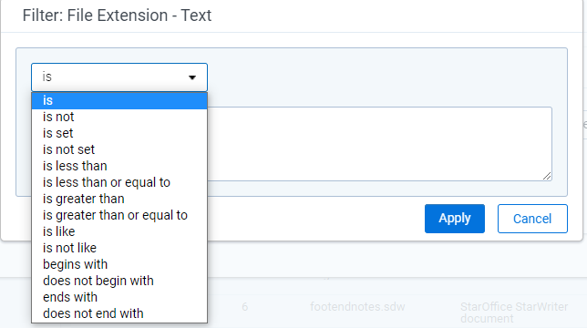 File Extension operator options when adding a condition.
