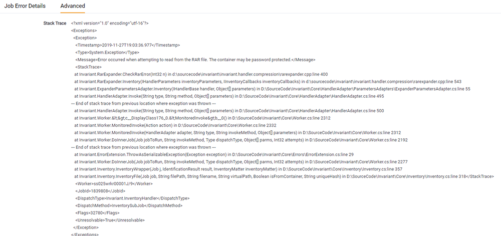 Job error stack trace