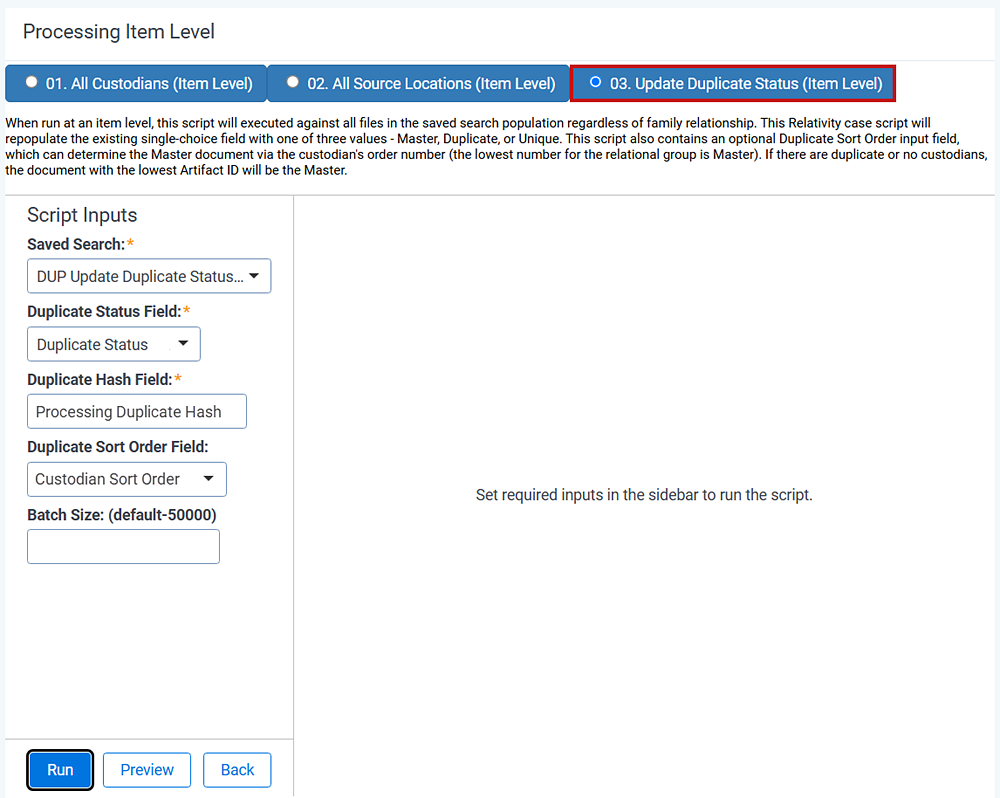 The landing page for the update item-level deuplication status script.