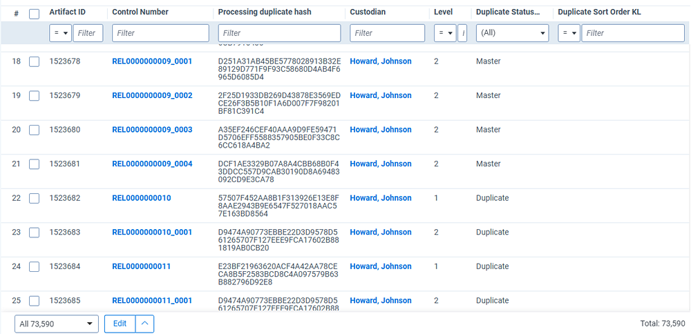 Saved search view of documents updated by the update duplicate status family-level script.