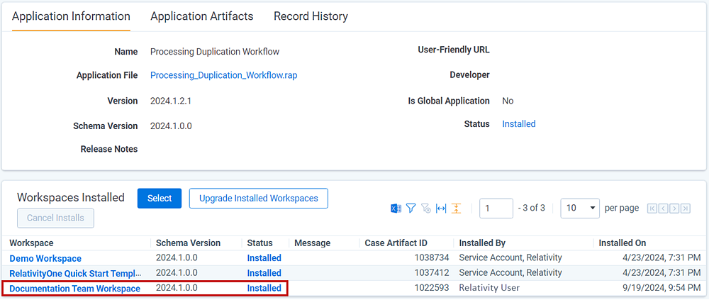 The workspace installed section on the application screen.