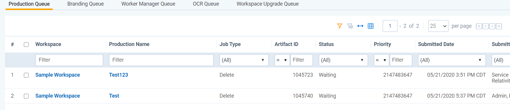 Production queue tab