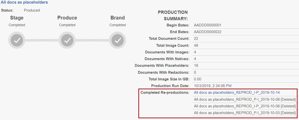 An image of the Completed Re-productions section of the Production Summary