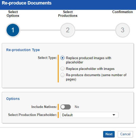 An image of options found in the Re-produce documents module.