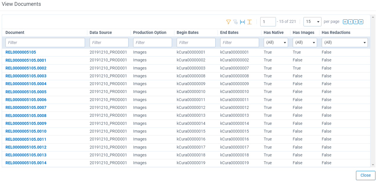 The View Documents window displaying columns for Document Identifier, Data Source Name, Production Option, Begin Bates, End Bates, Has Native, Has Images, and Has Redactions