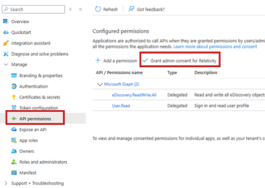 The Grant admin content for Relativity button on the API permissions page.