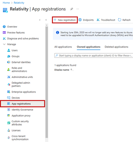 Navigate to the App Registrations page and click New registration.