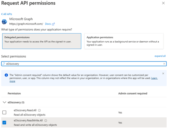 The Request API permissions screen.