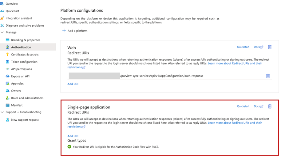 The single-page application Redirect URIs in Microsoft.