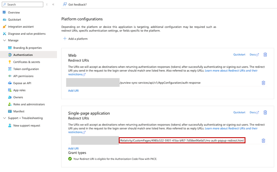 The single-page application redirect URL with the Relativity URI highlighted.