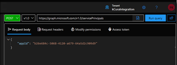 Graph API run query screen.