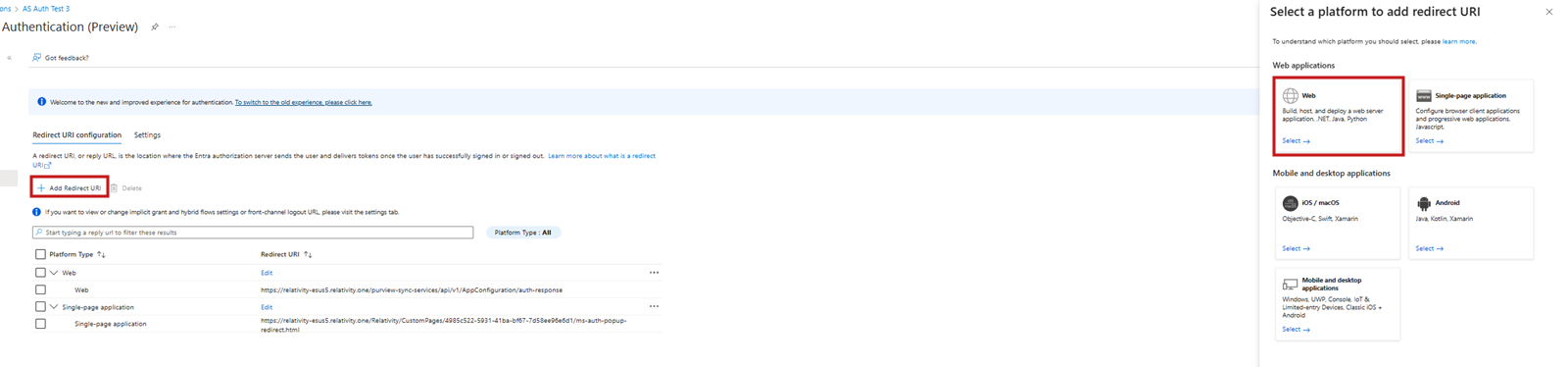 The Web box and Add Redirect URI link.