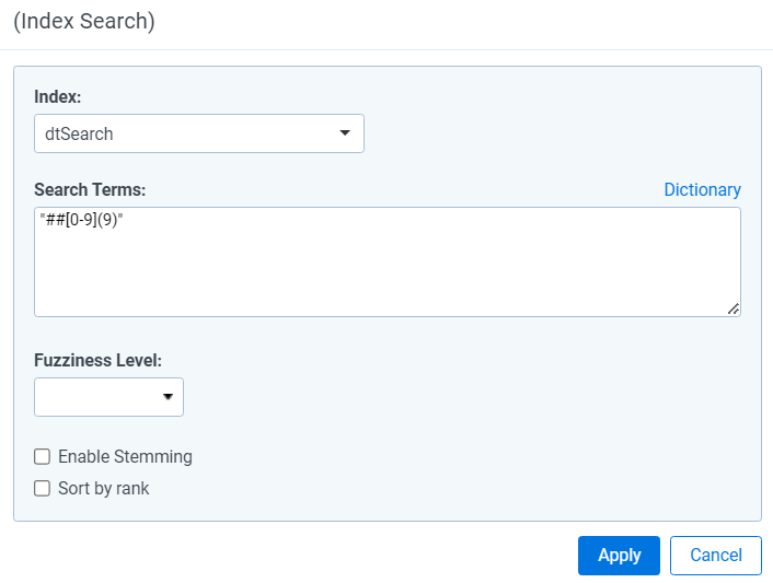 Condition modal for dtSearch
