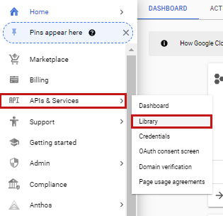 The APIs and Services menu open with the Library tab selected.