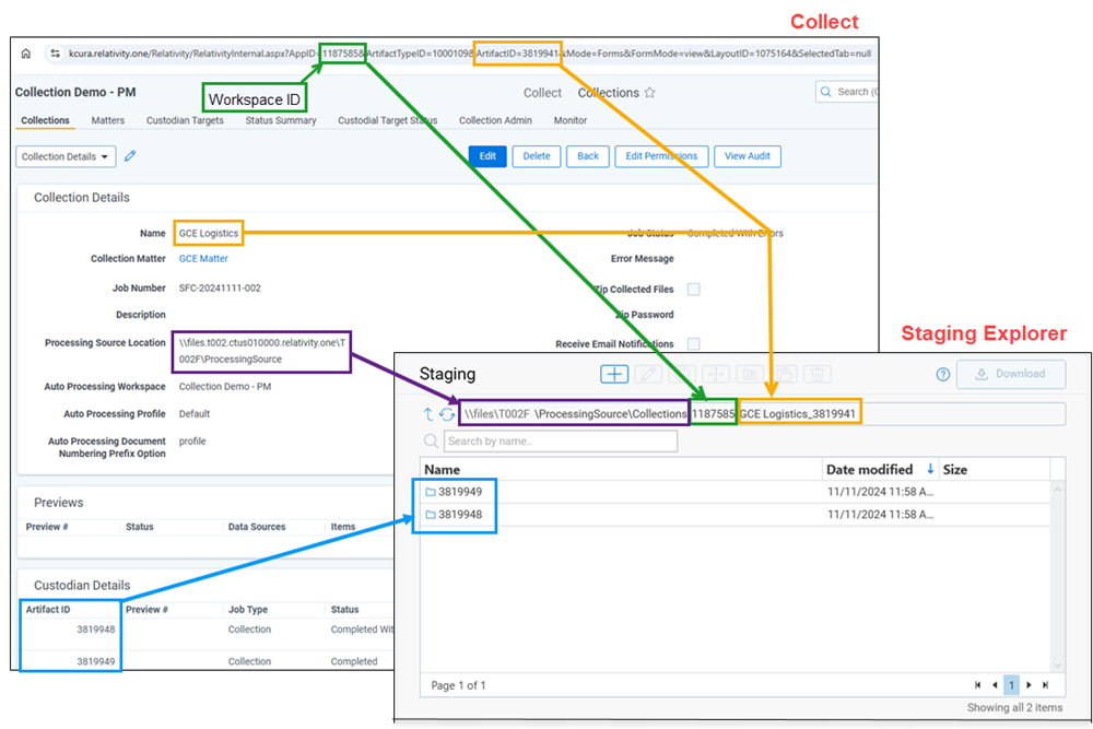 Diagram of where Collect details are located in the Staging Explorer Staging pane details