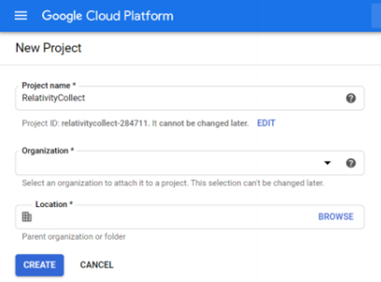 The New Project modal iin Google Cloud Platform.