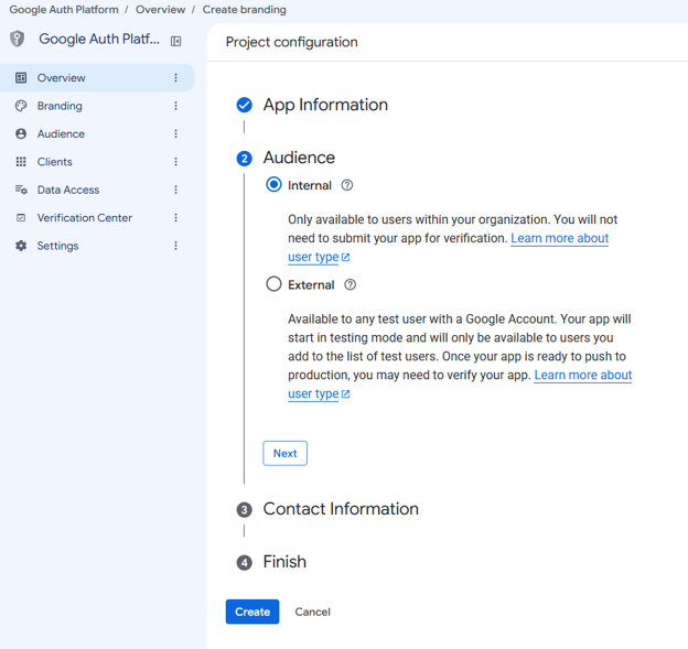 The API & Service OAuth consent screen.