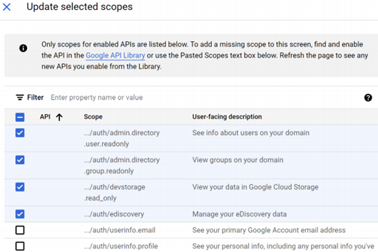 Updated selected scopes dialog