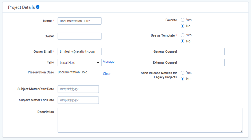 The Project Details layout and fields.