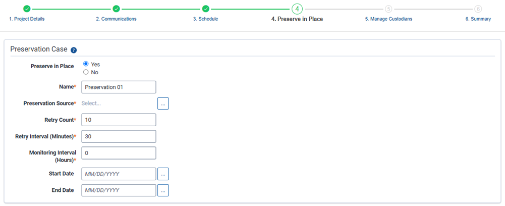 The Preservation step in the Legal Hold wizard.