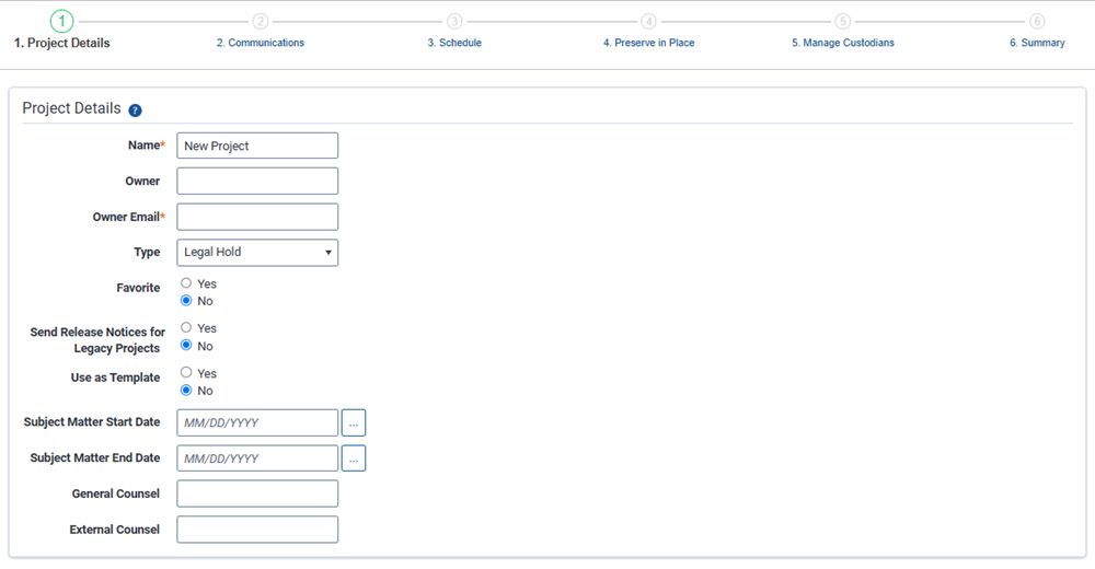 The Project Details step of the Legal Hold wizard.