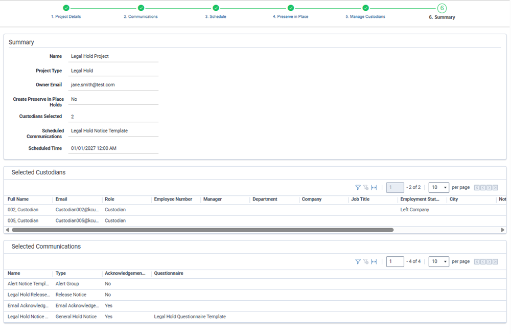 The Summary step in the Legal Hold wizard.