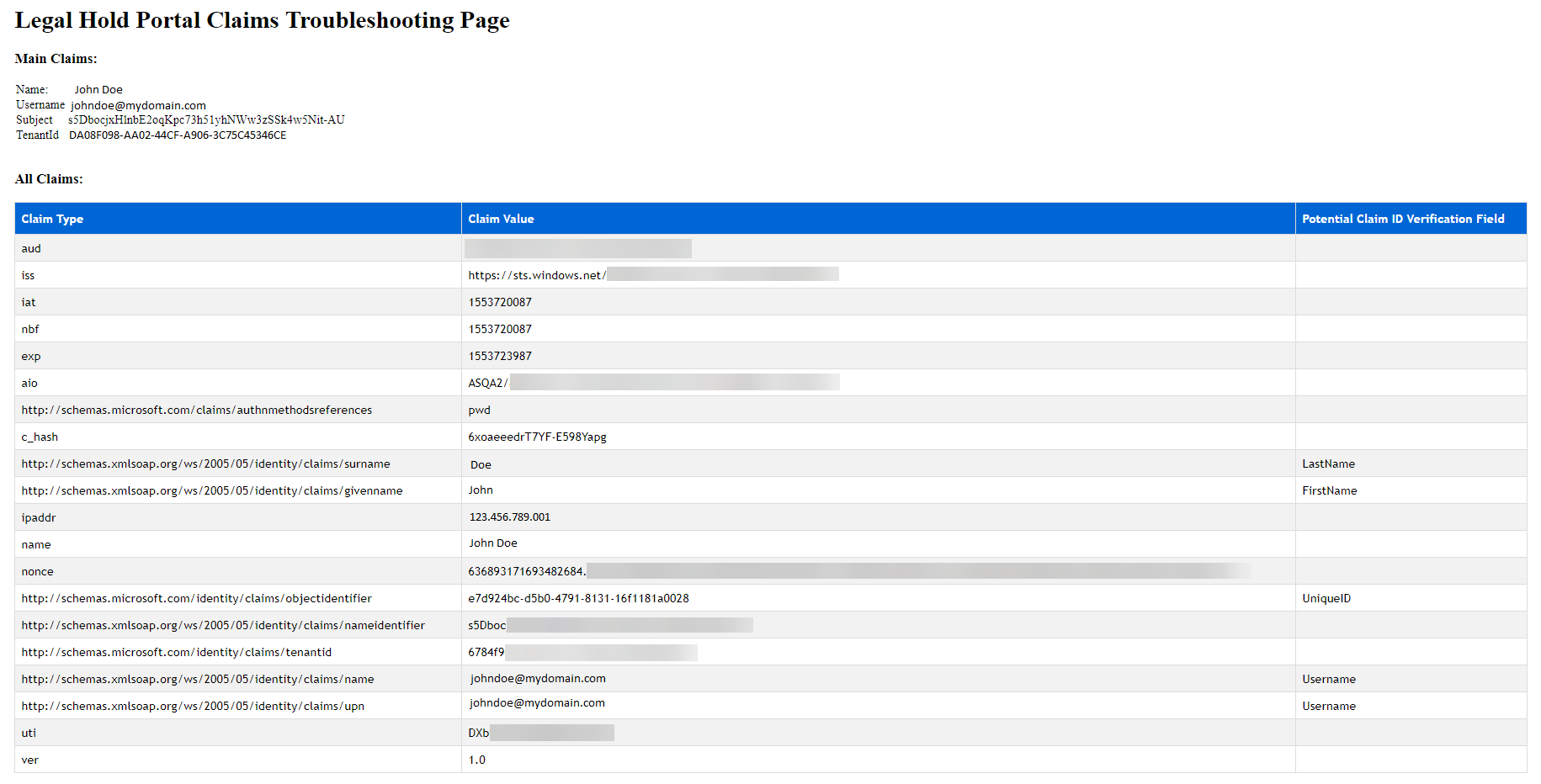The Legal Hold portal claim troubleshooting page.