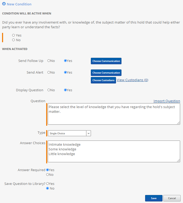 The New Question window to add new conditions to questions.
