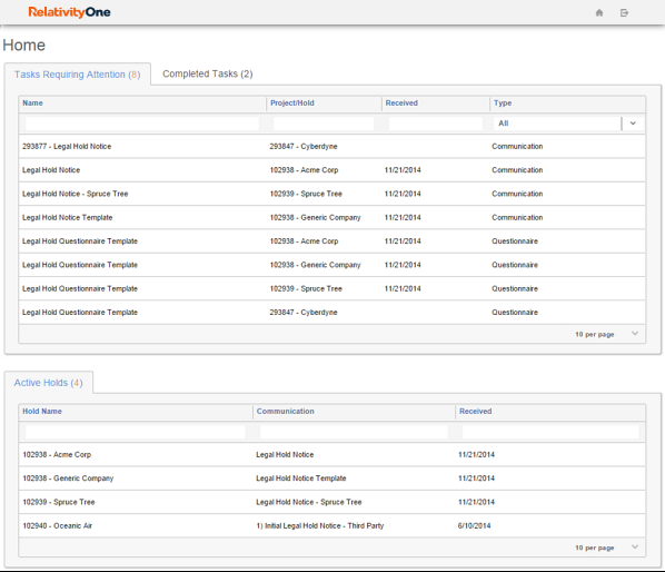 The Custodian Portal showing the Tasks Requiring Attention and Active Hold tabs.