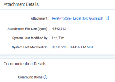 The Attachment Details and Communication Details section of the Attachments Library page.