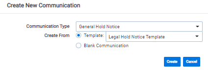 The Create New Communication pop-up window.