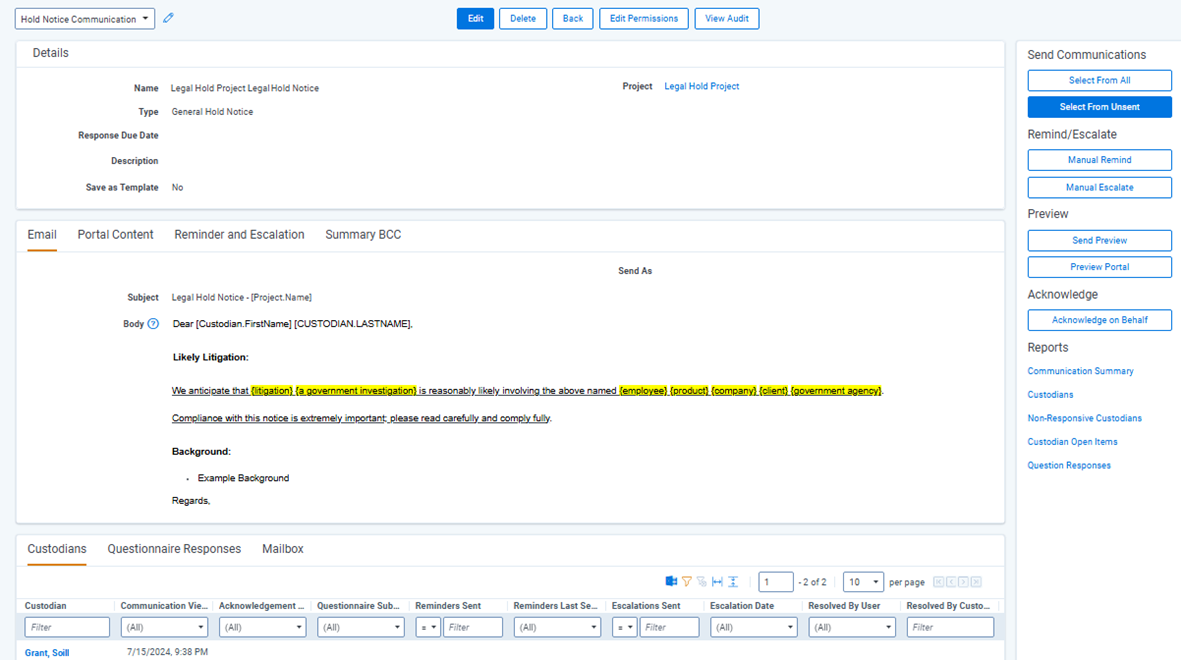 The Communication Details page with a general hold notice.