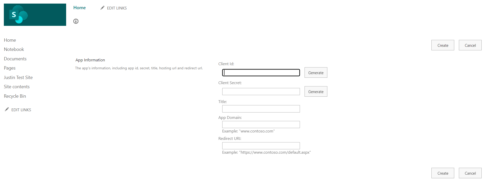 AppRegNew page to generate Client ID and Client Secret