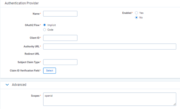 The Authentication Provider fields in edit mode.