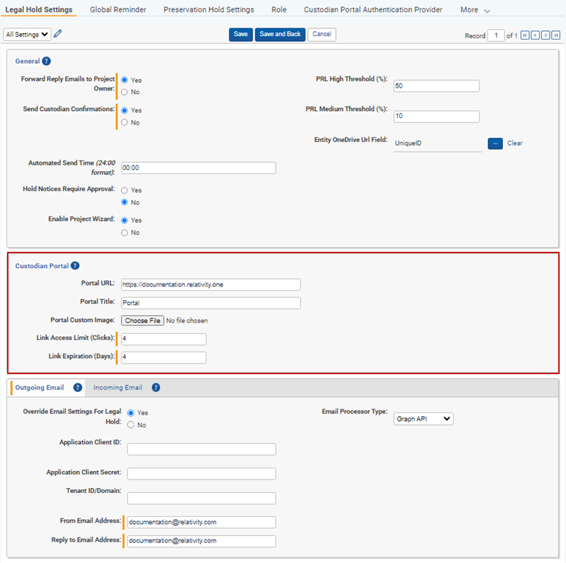 Highlighting the Custodian Portal section on the Legal Hold Settings page.