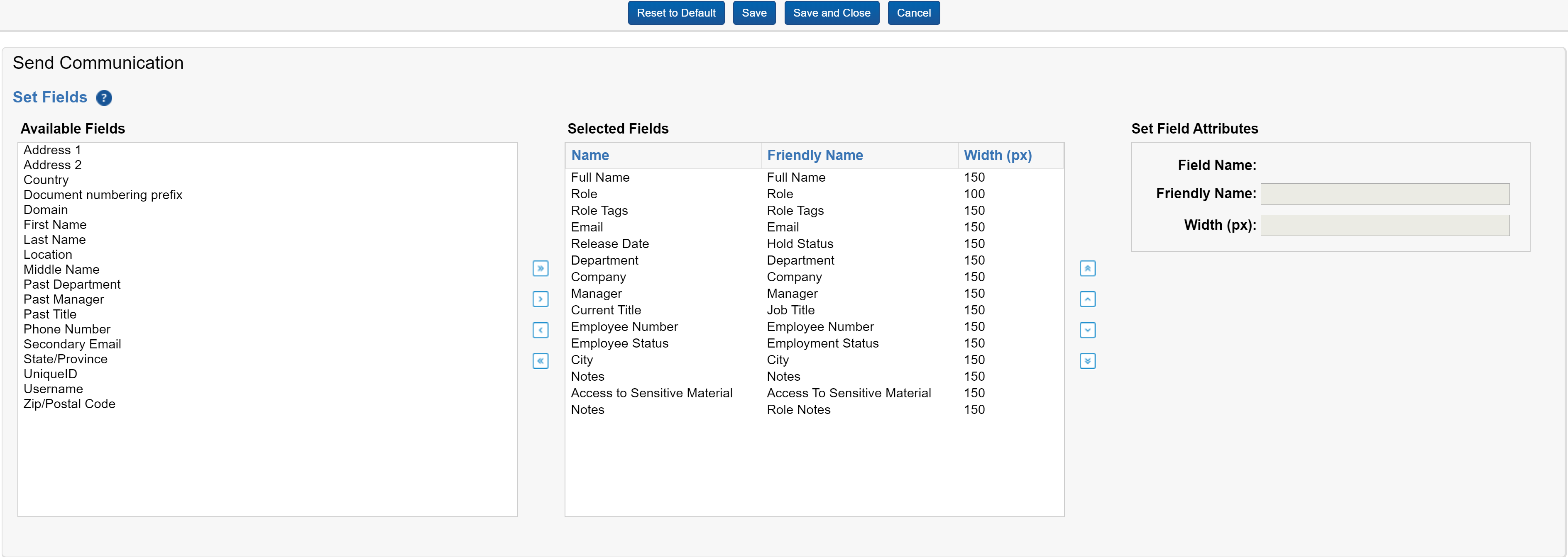 The Send Communication item selector.
