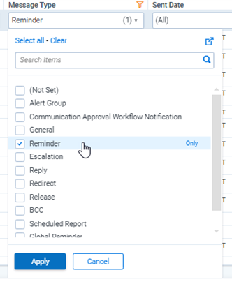 The Message Type column drop-down menu selecting Reminder.
