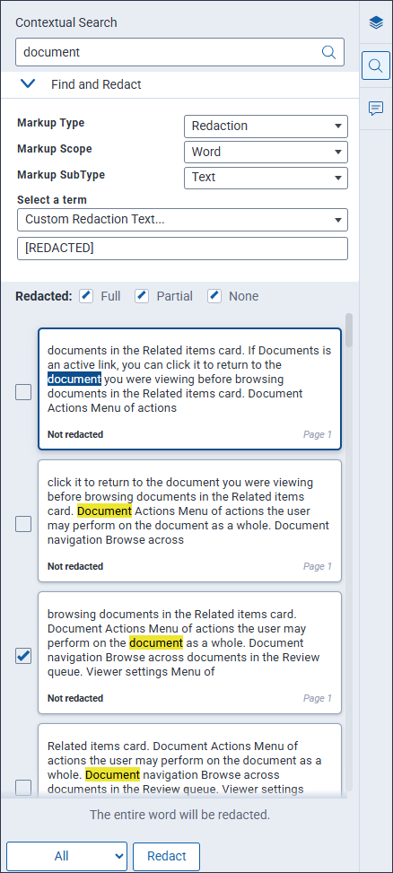 A Search for energy has three selected results in the Find and Redact section.