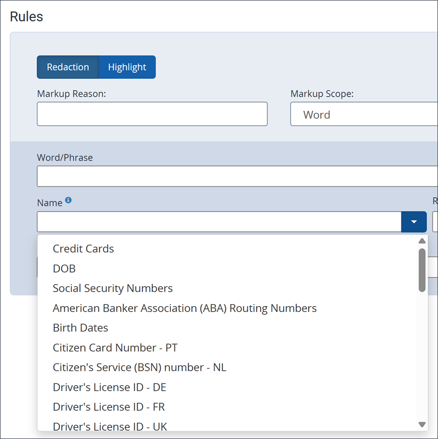 The Name drop-down menu displays in the Rules section.
