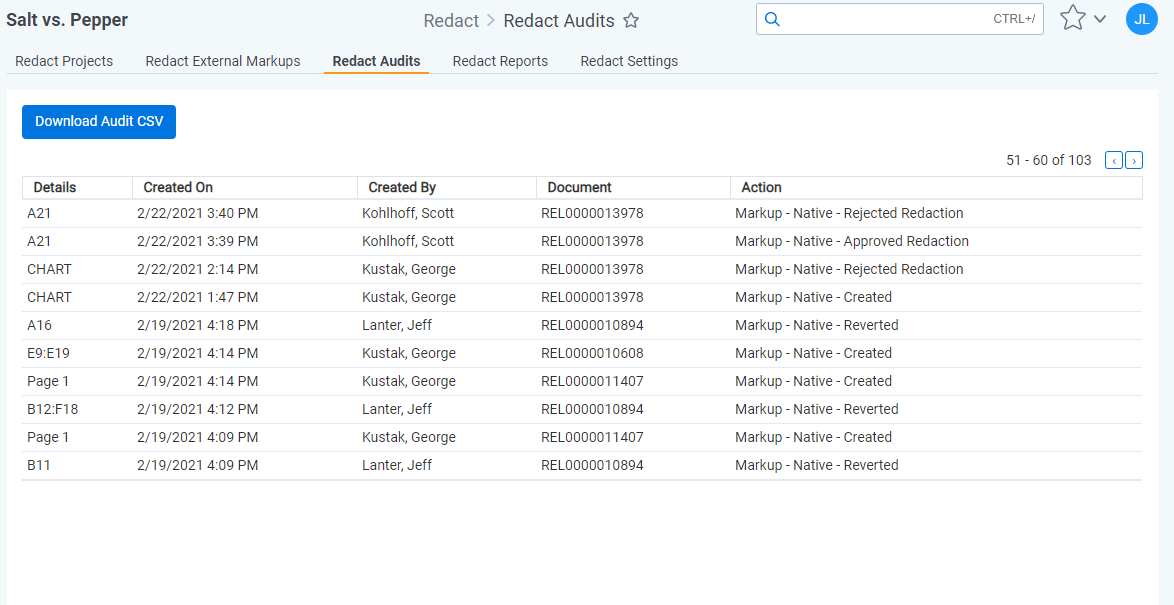 The Redact audits tab.
