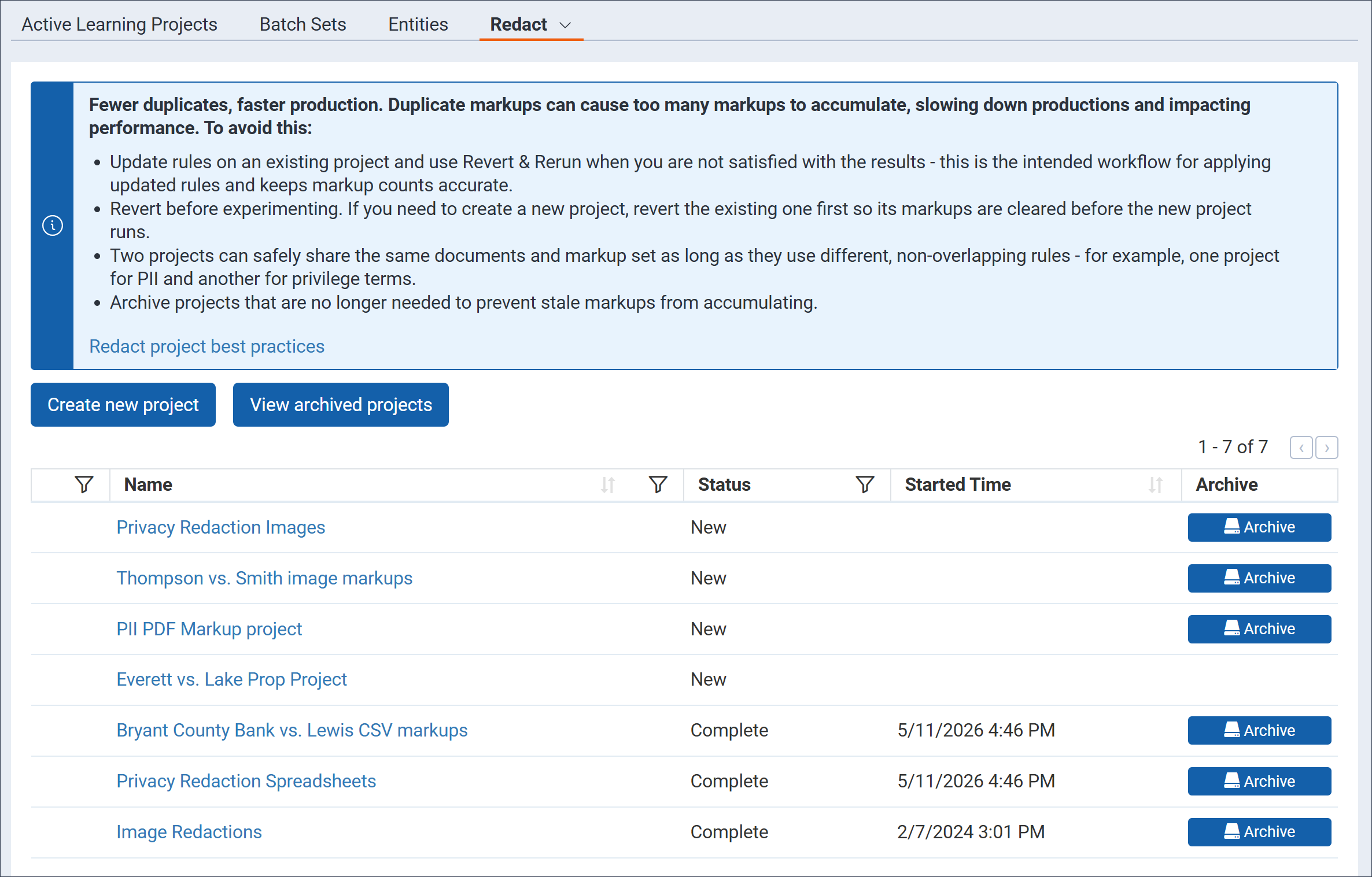 The Redact Projects tab with several projects displayed in the list.